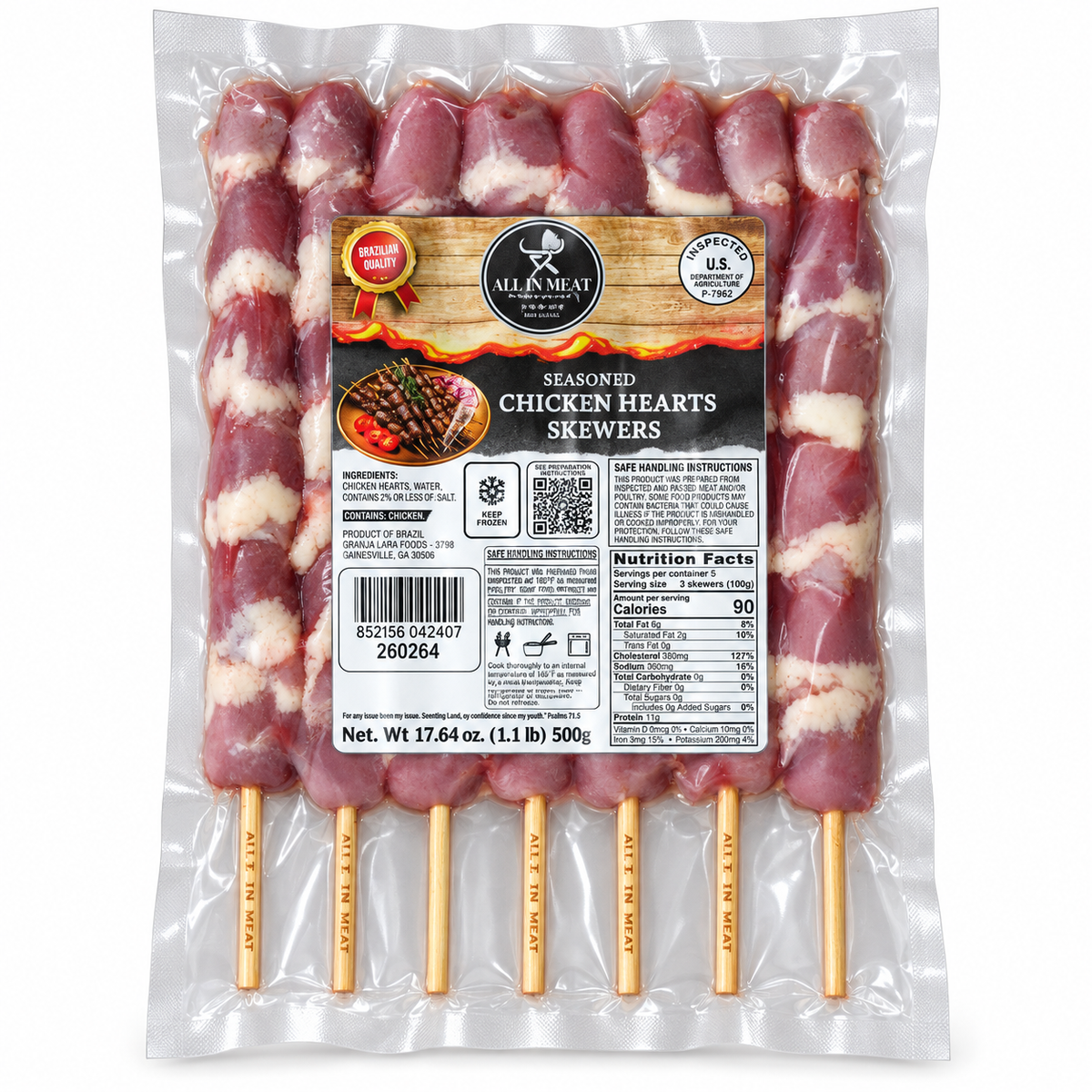 All In Meat Seasoned Chicken Hearts Skewers, 17.64 oz